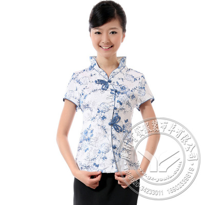 【工厂新款直销批发 纯白短袖蓝玫瑰中式促销农家乐服务员工作服】价格,厂家,图片,制服、工作服,广州市海珠区有发服装商行-